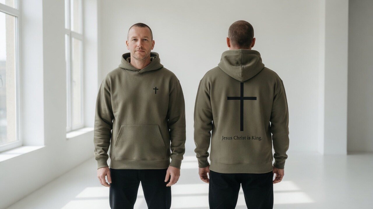 Olive hoodie in a bright room, front and back.